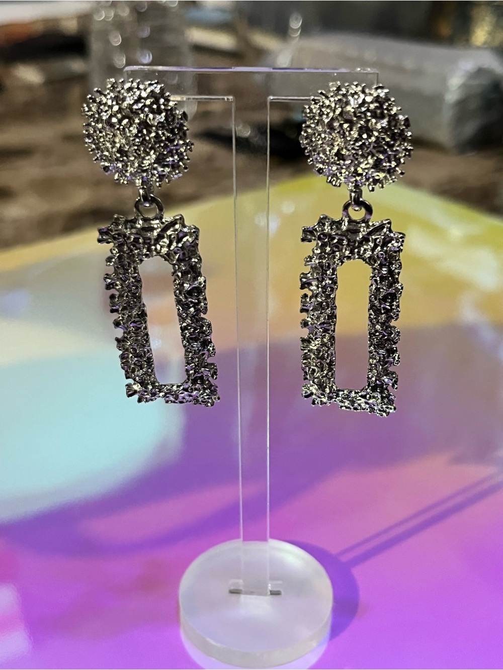 Silver Textured Open-Rectangle Drop Earrings with Sparkle